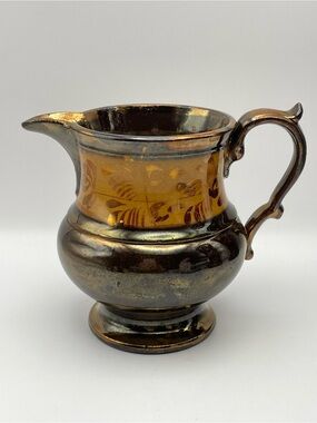 Antique Copper Luster Lusterware Milk Pitcher Creamer With Hand Painted Design